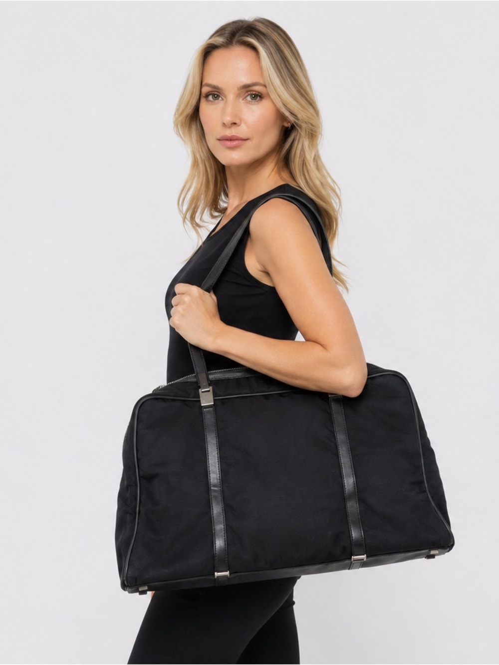 Gucci Black/Silver Nylon & Leather Work Travel Shoulder Bag, Authentic